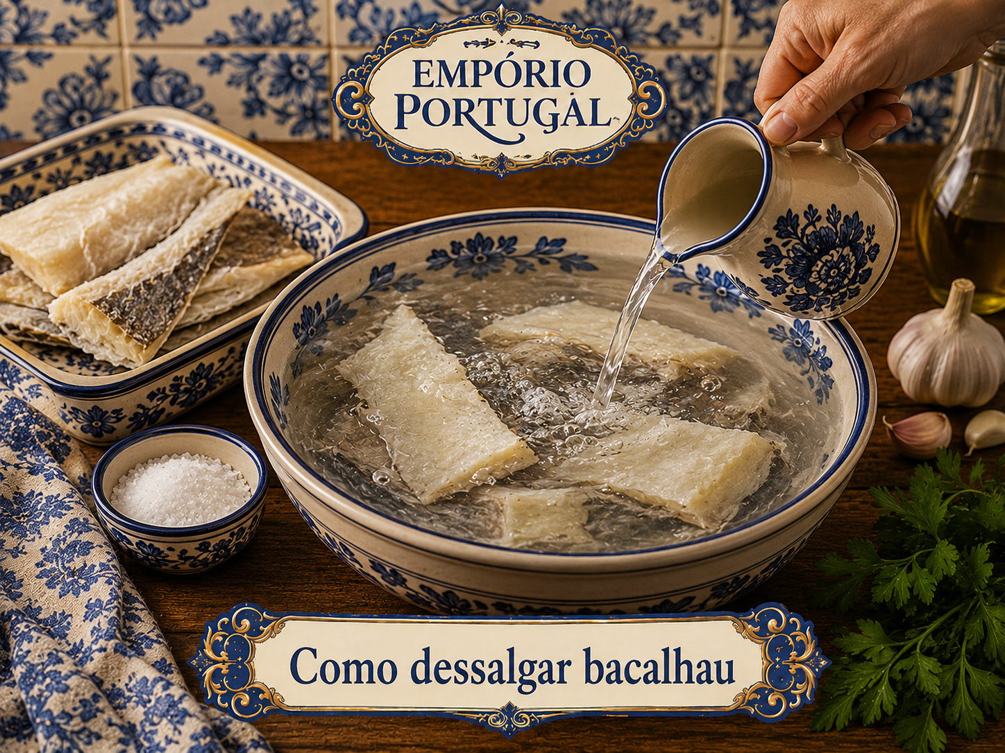 Mão despejando água fria sobre postas de bacalhau em recipiente de cerâmica portuguesa