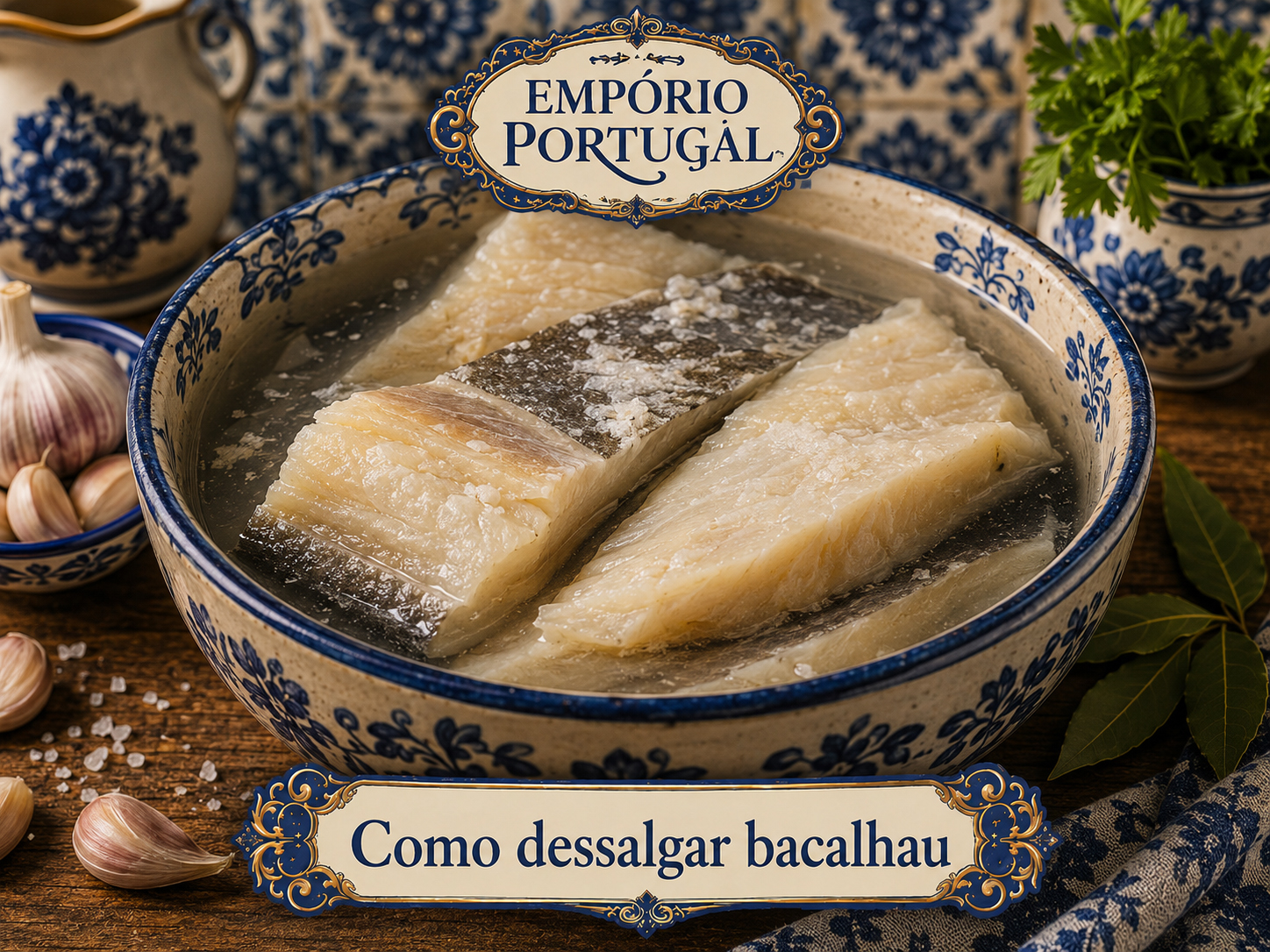 Postas de bacalhau em recipiente com água fria, prontas para o início da dessalga na geladeira