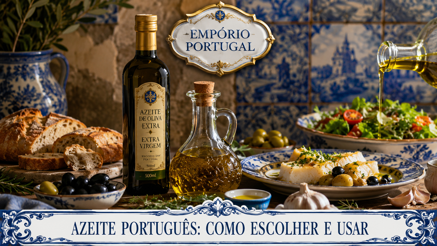 Azeite português com garrafa, azeitonas, pão, ervas e elementos da cozinha portuguesa em composição gastronômica premium do Empório Portugal