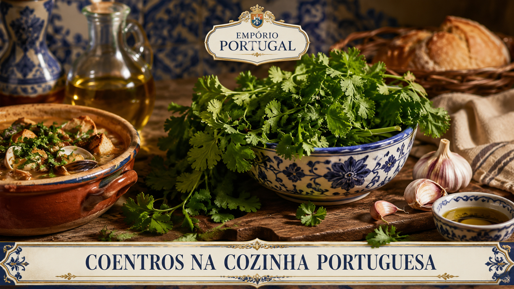 Coentros frescos com azeite, alho, louça portuguesa e ingredientes da cozinha portuguesa em composição gastronômica premium do Empório Portugal