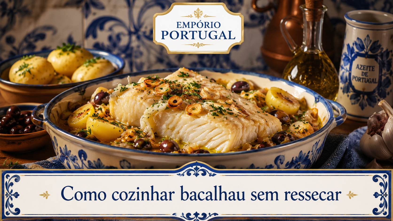 Bacalhau português macio e suculento com azeite, alho, cebola, ervas e batatas em composição gastronômica premium do Empório Portugal