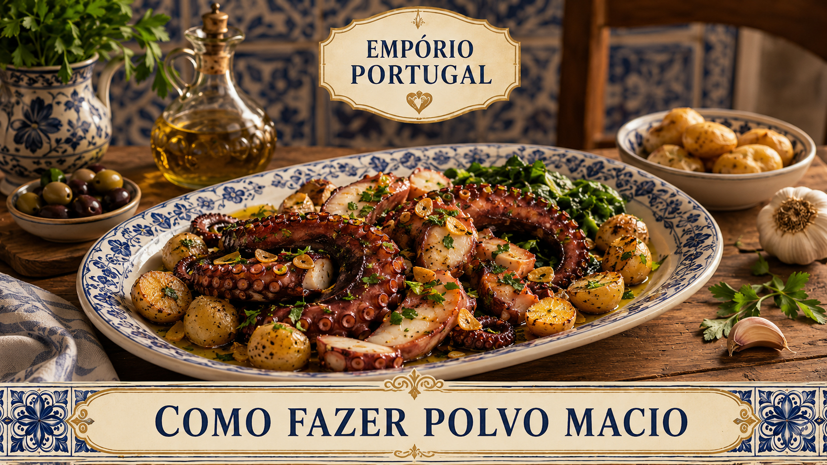 Polvo português macio com azeite, alho, ervas e acompanhamentos em composição gastronômica premium do Empório Portugal