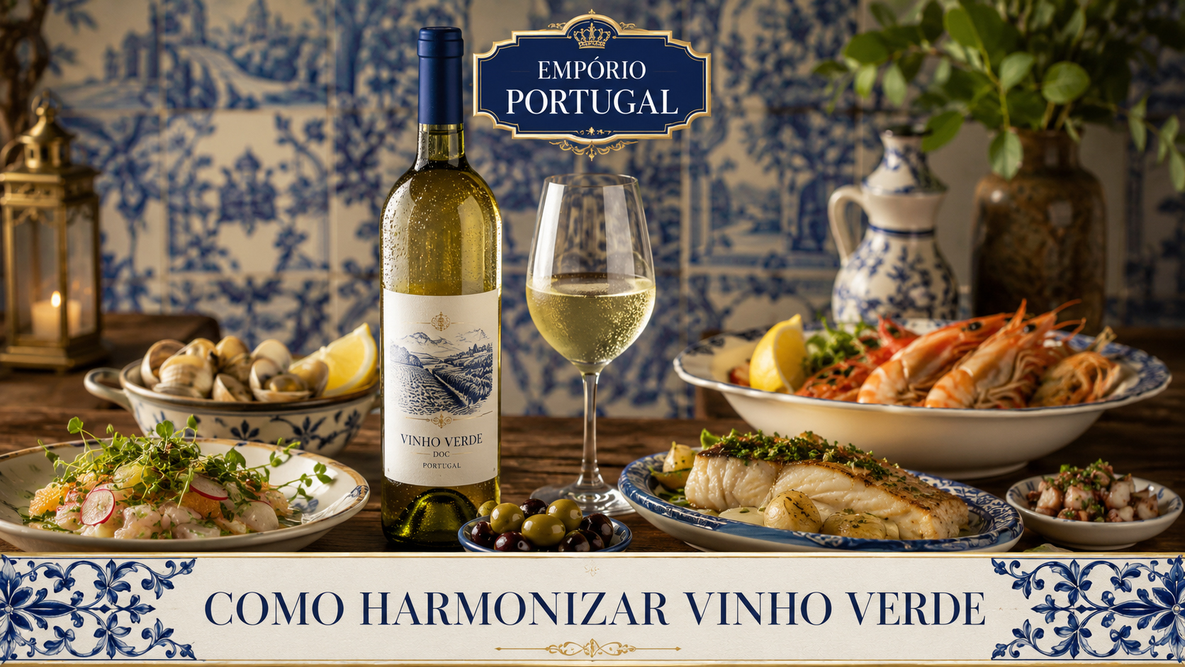 Vinho Verde harmonizado com pratos portugueses leves em composição gastronômica premium do Empório Portugal