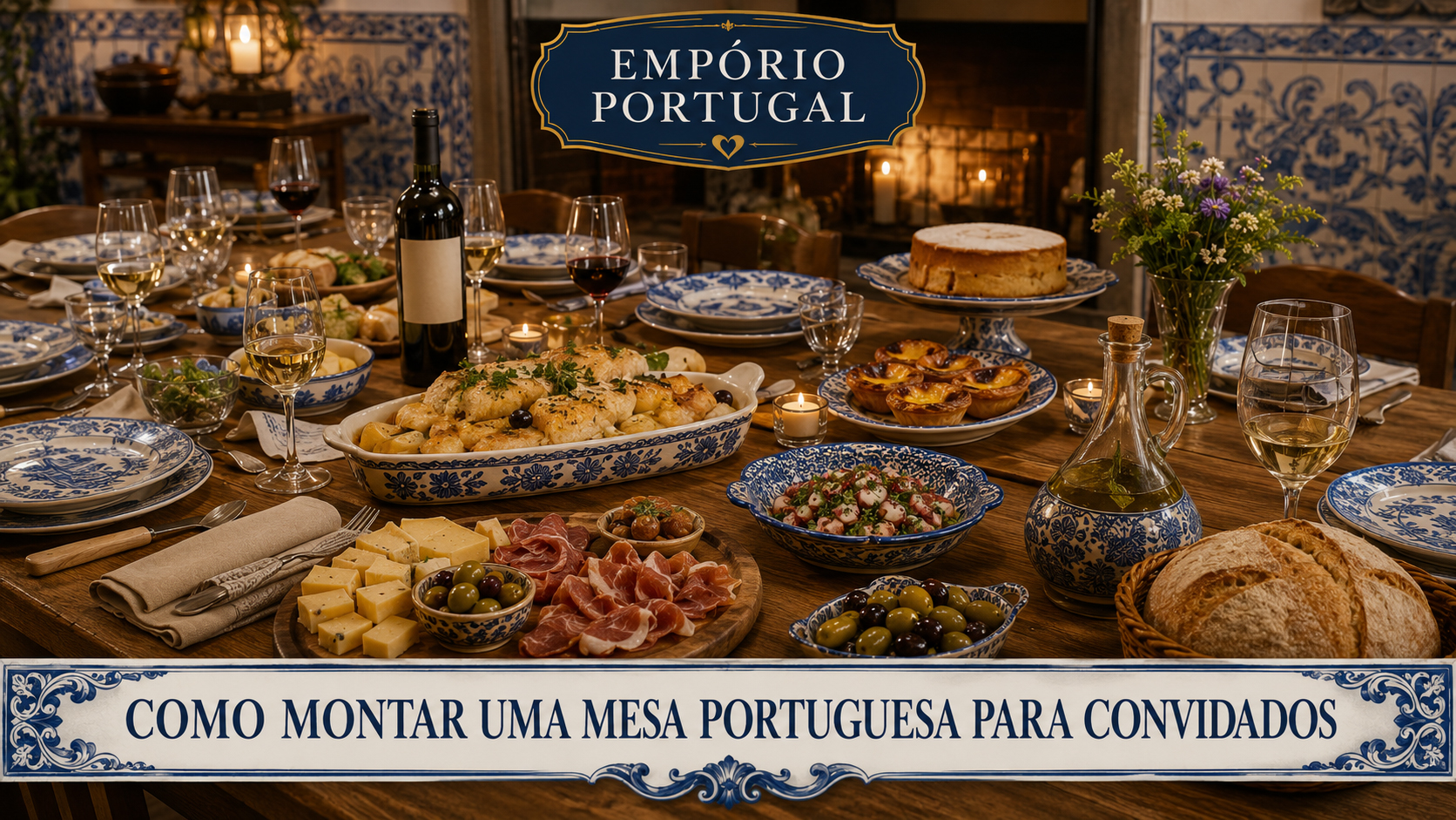 Mesa portuguesa preparada para convidados com louças, travessas, bacalhau, pães, azeite, vinhos e doces em composição premium do Empório Portugal