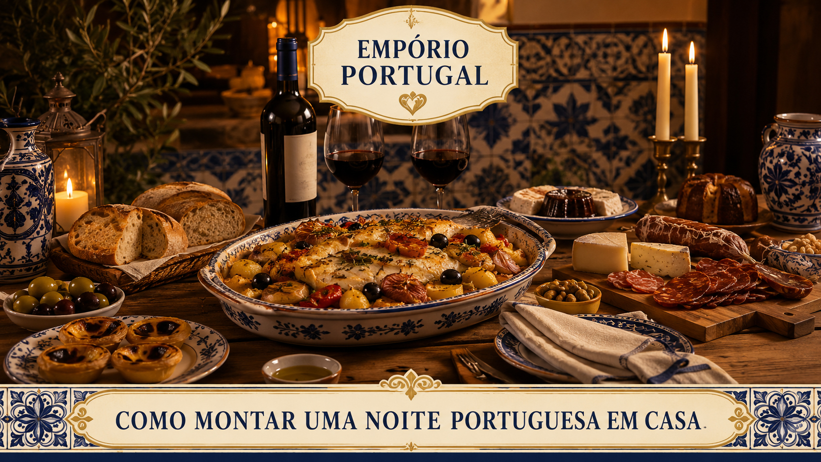 Mesa preparada para uma noite portuguesa em casa com bacalhau, petiscos, queijos, enchidos, vinho e decoração premium do Empório Portugal