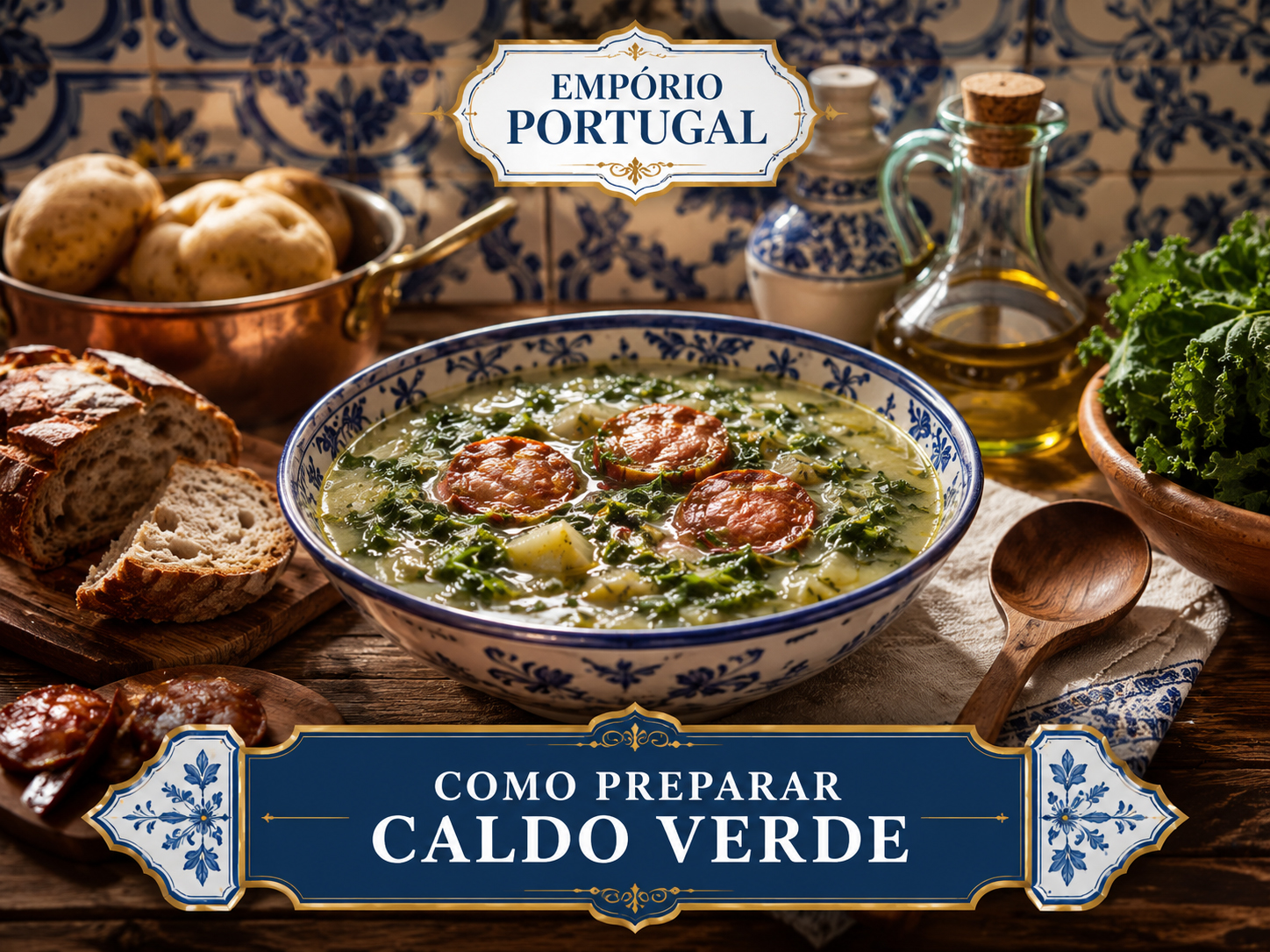 Caldo verde português com couve cortada fina, batata, chouriço, azeite e pão rústico em composição gastronômica premium do Empório Portugal