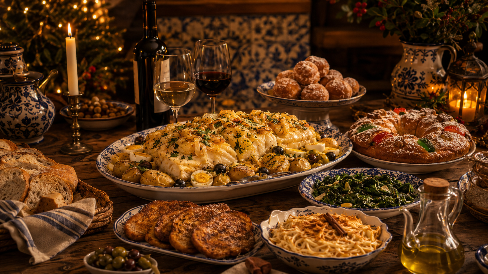 Ceia portuguesa de Natal com bacalhau, batatas, couves, pães, doces tradicionais e mesa festiva premium do Empório Portugal