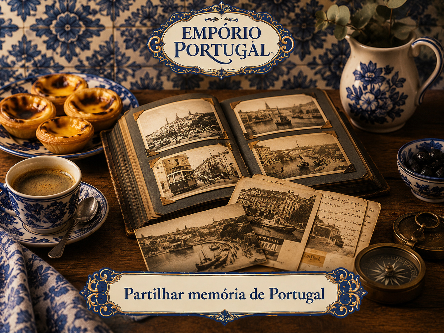 Composição editorial: herança portuguesa, azulejaria, vinho e mesa