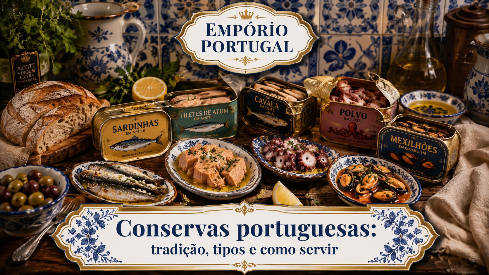 Seleção de conservas portuguesas com sardinhas, atum, cavala, polvo, mexilhões, pão, azeitonas e louça portuguesa em composição gastronômica premium do Empório Portugal