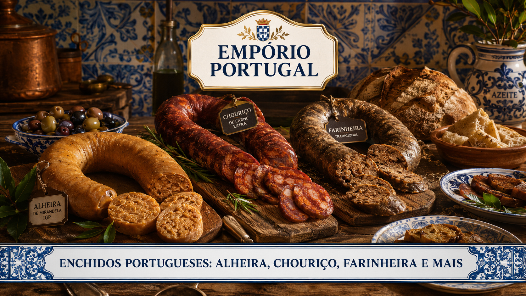 Seleção de enchidos portugueses com alheira, chouriço, farinheira, pão, azeitonas e elementos da mesa portuguesa em composição gastronômica premium do Empório Portugal