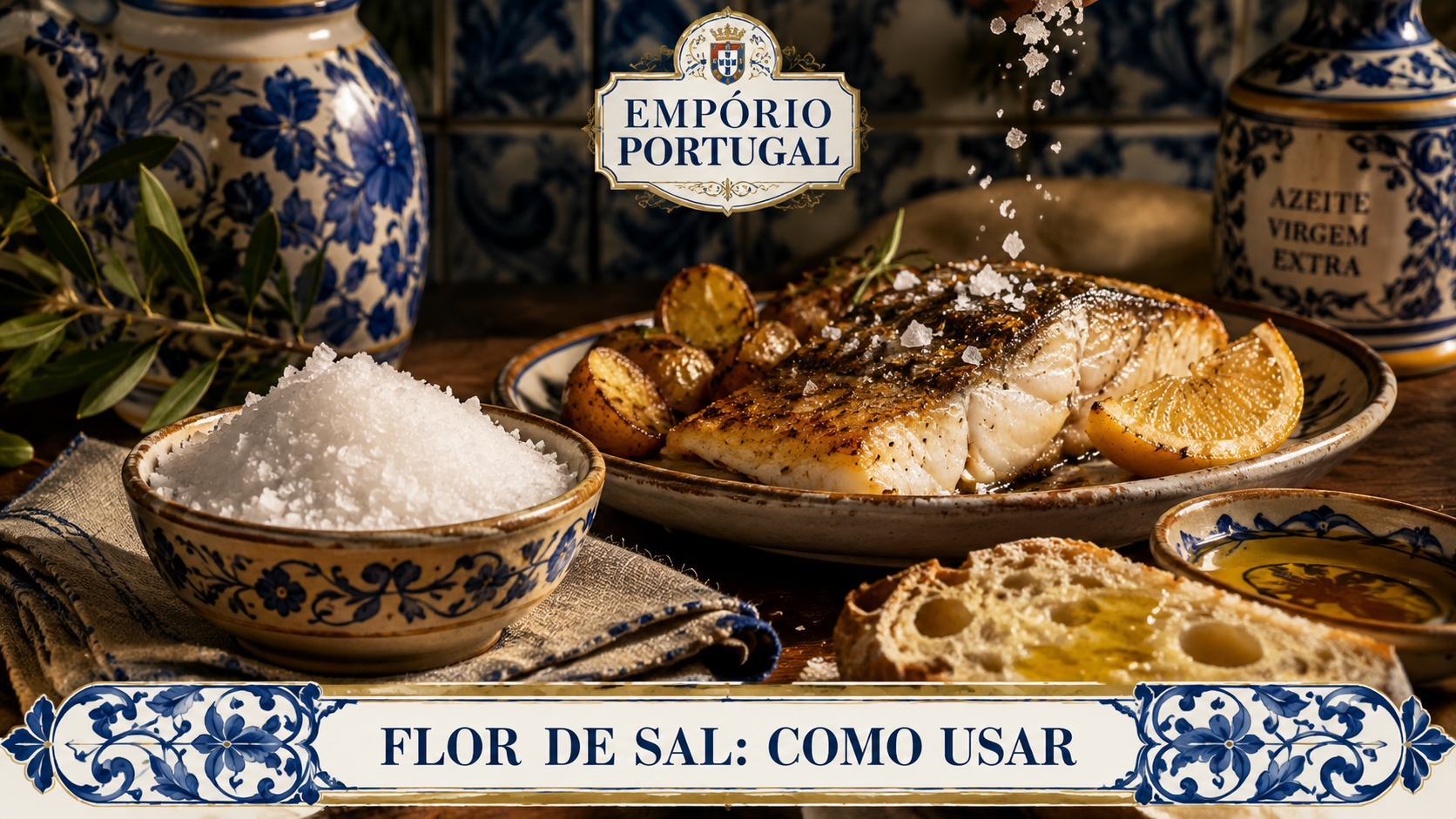 Flor de sal portuguesa sendo utilizada na finalizacao de peixe, batatas e pao com azeite em composicao gastronomica premium do Emporio Portugal