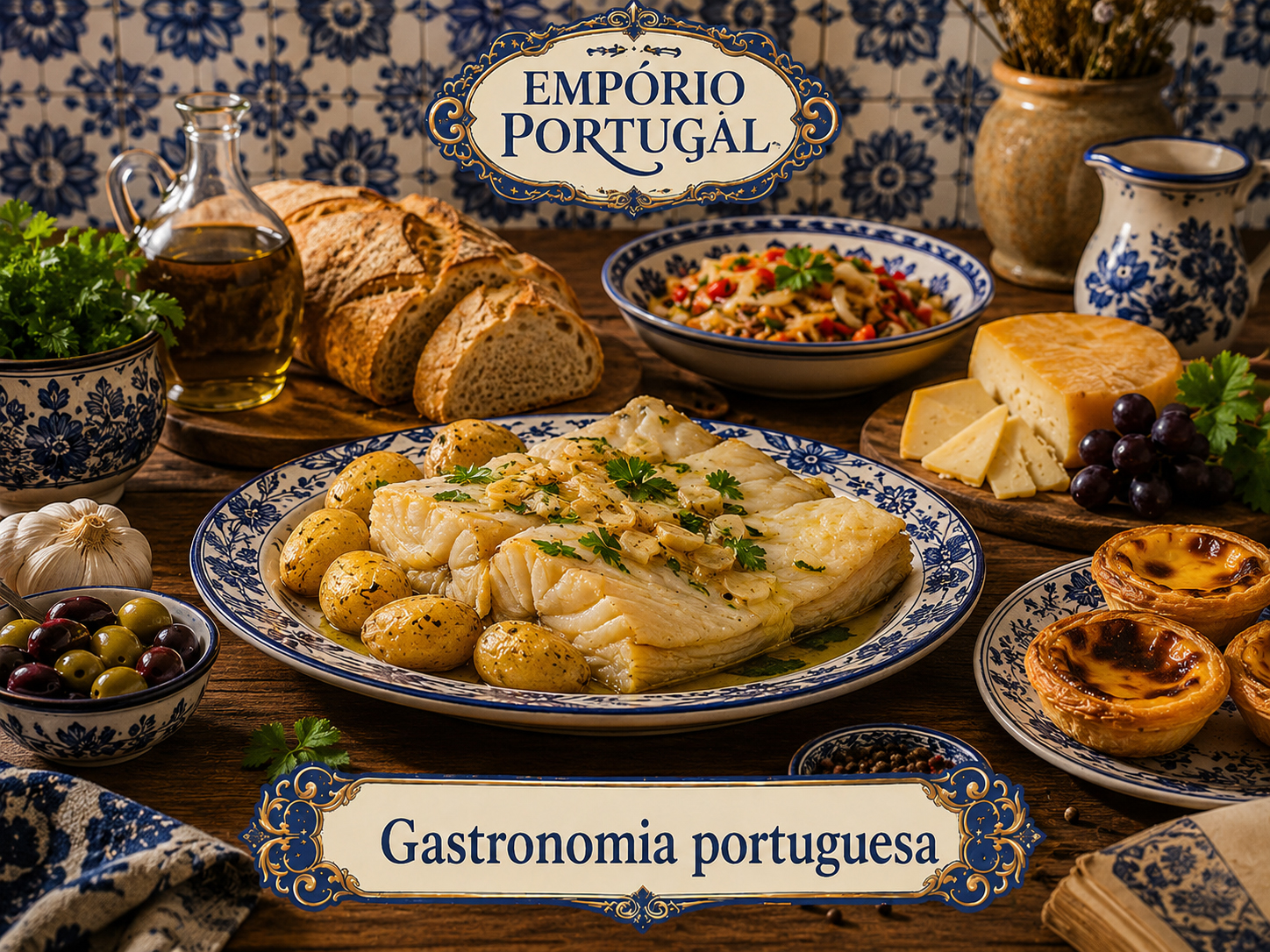 Mesa portuguesa com bacalhau, pão, azeite, vinhos e doces — gastronomia editorial premium Empório Portugal
