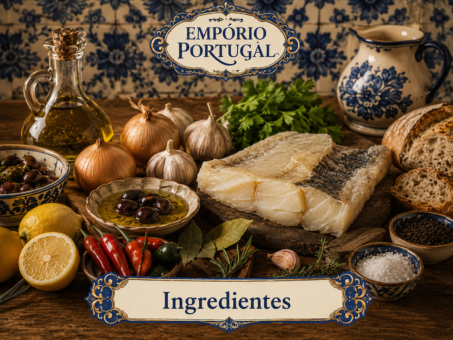 Ingredientes portugueses — azeite, pão, bacalhau, vinho e despensa tradicional