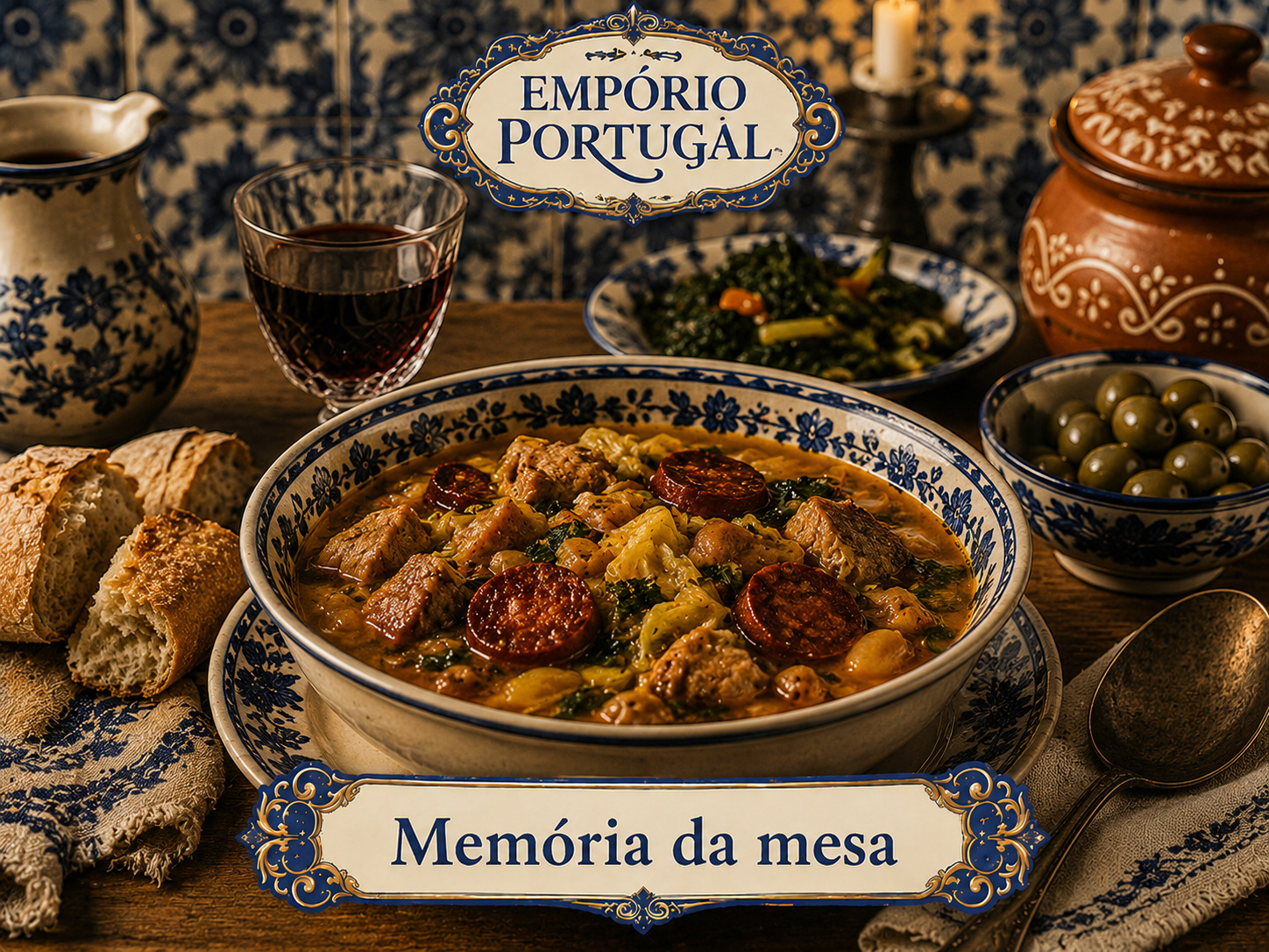 Mesa portuguesa partilhada — pão, azeite, vinho e tradição familiar