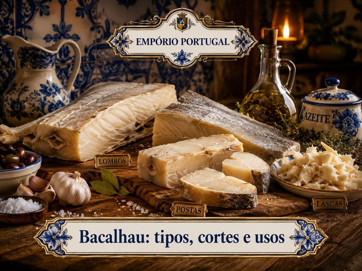 Lombos, postas e lascas de bacalhau português com azeite, alho, azeitonas e louça tradicional