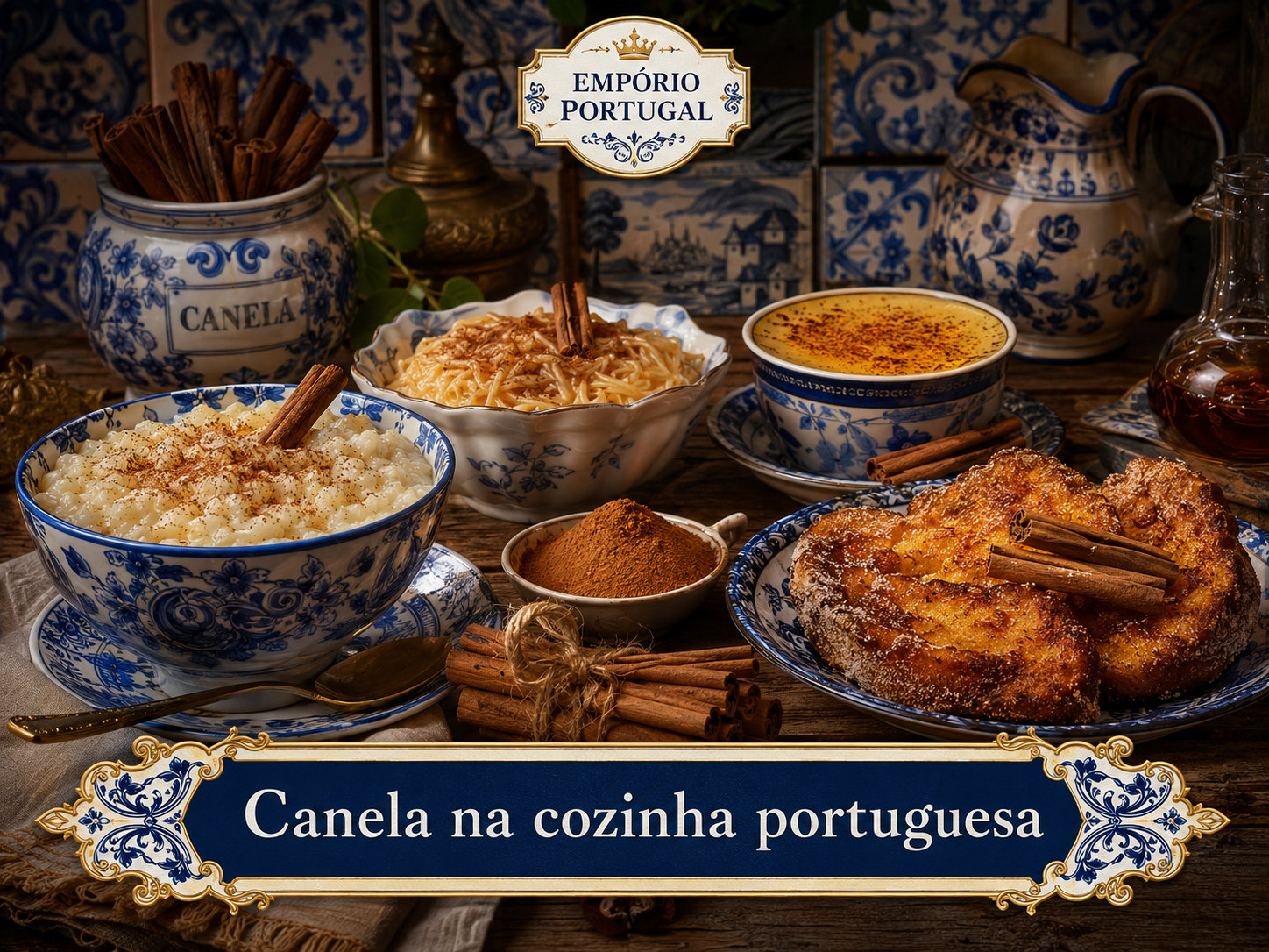 Canela na cozinha portuguesa apresentada com arroz doce, aletria, leite-creme, rabanadas e louça portuguesa