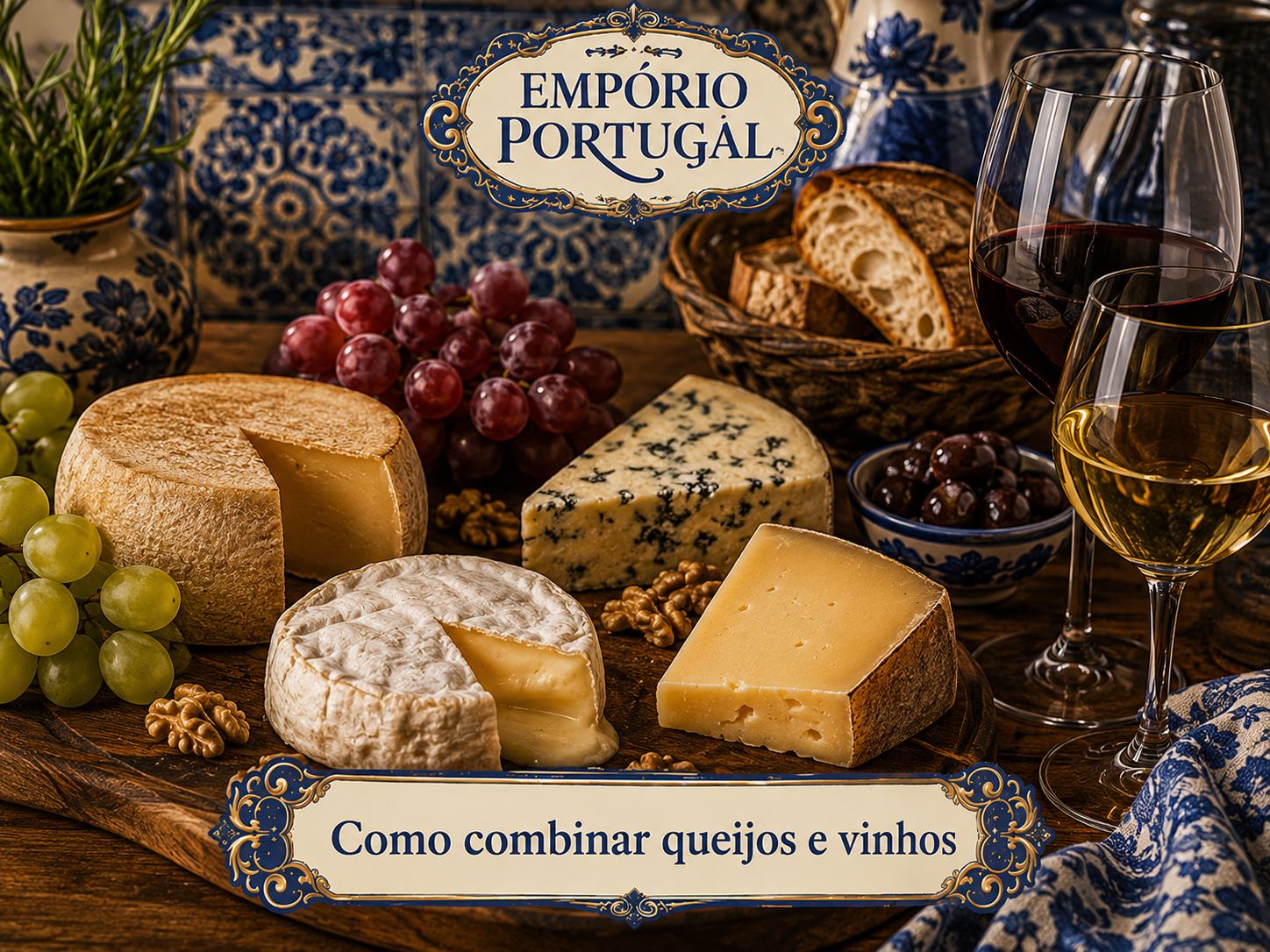 Tábua portuguesa com queijos, uvas, pães e vinhos para harmonização