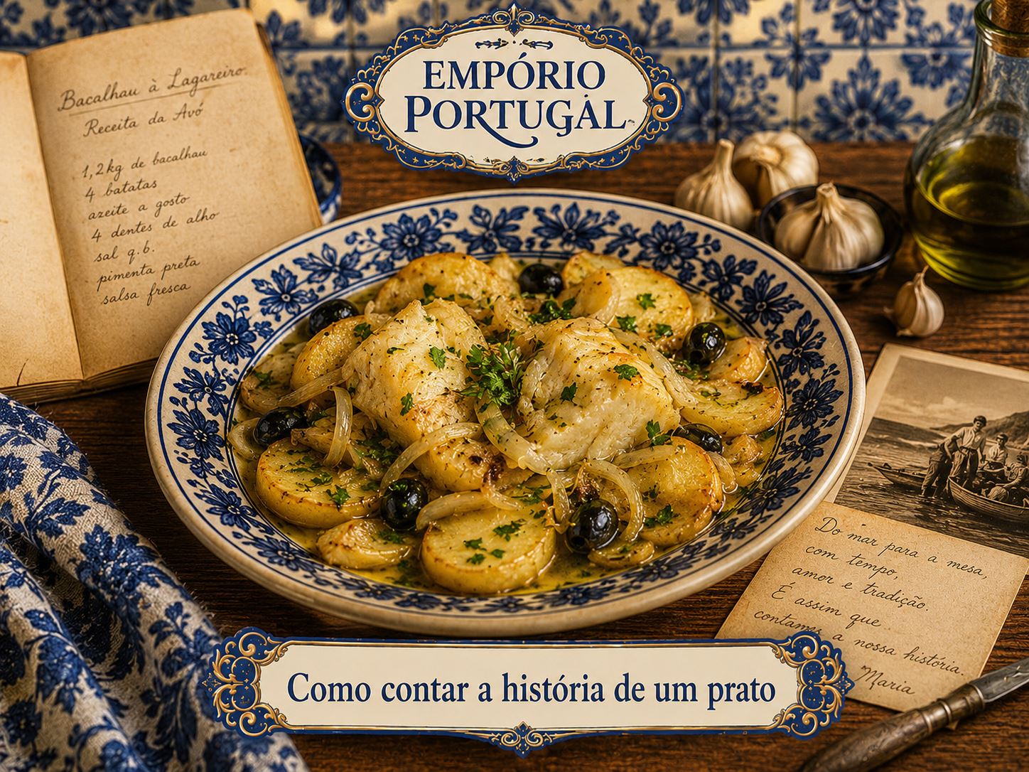 Prato português apresentado em louça azul e branca para o guia Como contar a história de um prato
