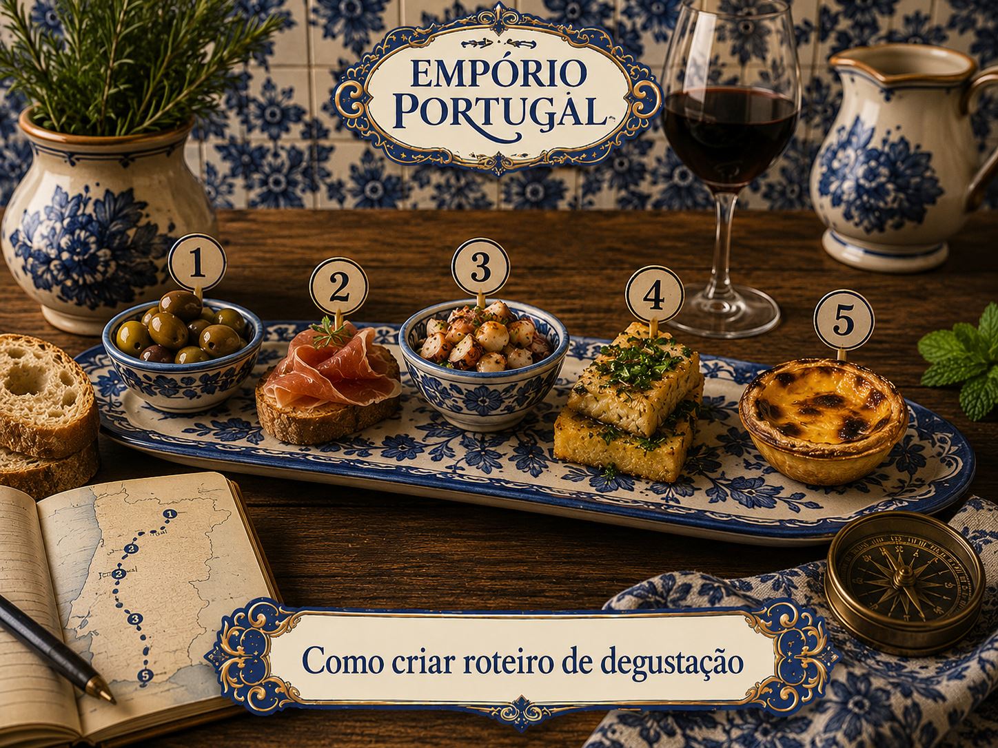 Roteiro de degustação portuguesa com cinco etapas servidas em louça azul e branca