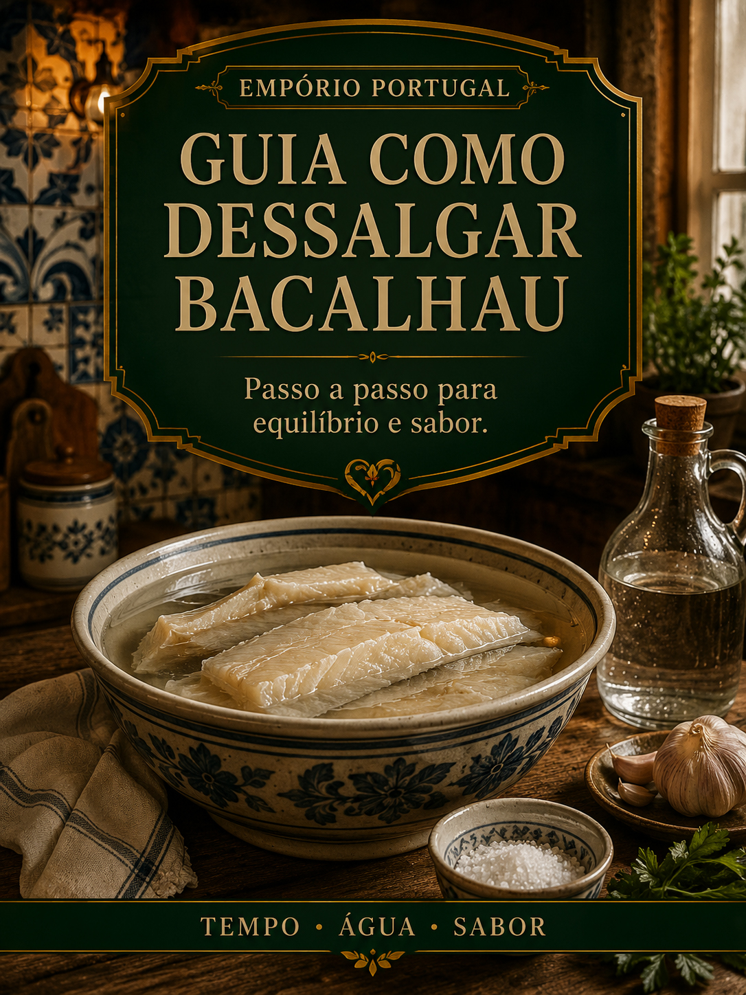 Postas de bacalhau em dessalga em recipiente com água fria em cozinha portuguesa