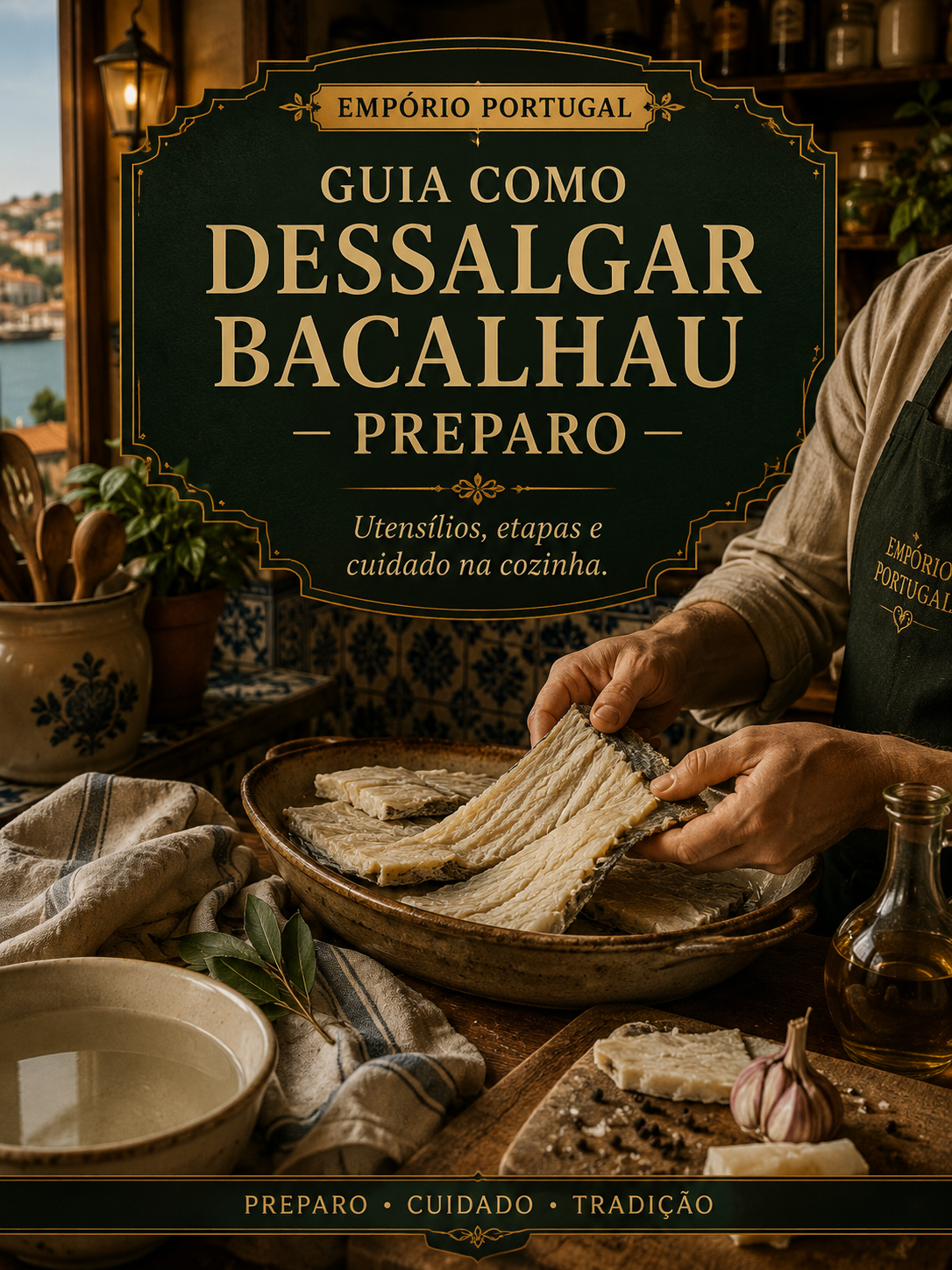 Bacalhau submerso em recipiente limpo antes da dessalga