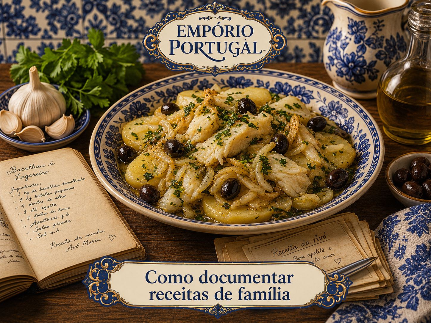 Receita de família portuguesa documentada com prato tradicional, ingredientes e anotações manuscritas