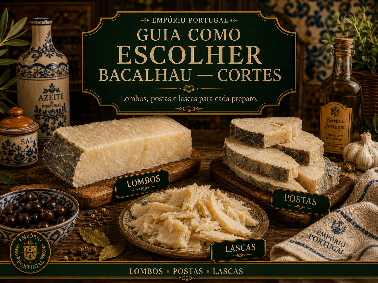 Guia visual dos cortes de bacalhau: lombos, postas e lascas com azeite e acompanhamentos portugueses