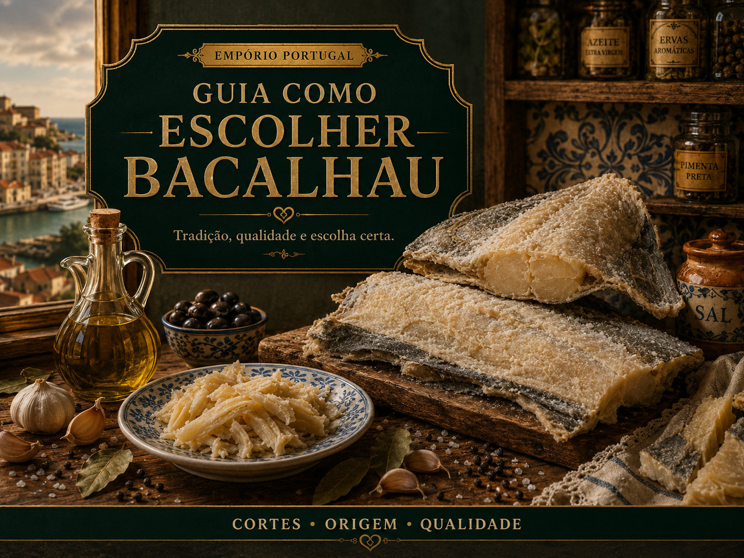 Guia visual para escolher bacalhau português com postas salgadas, azeite, alho e acompanhamentos