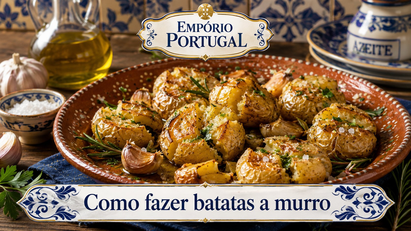 Batatas a murro assadas com azeite, alho e ervas em louça portuguesa