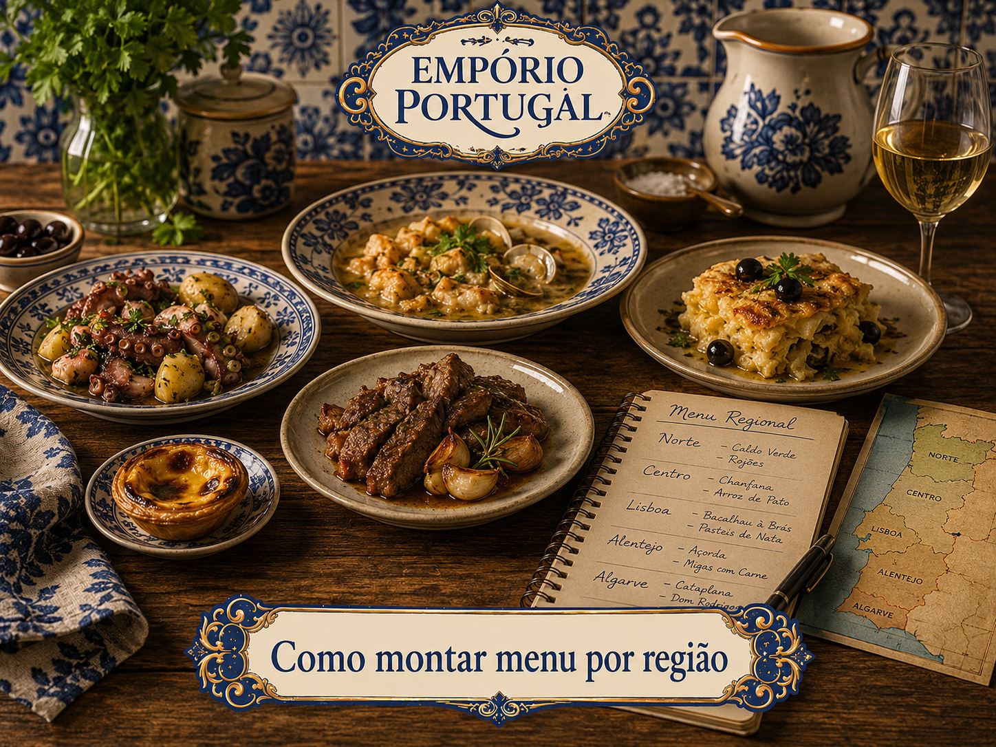 Menu português regional com pratos tradicionais do Minho, Alentejo e Algarve
