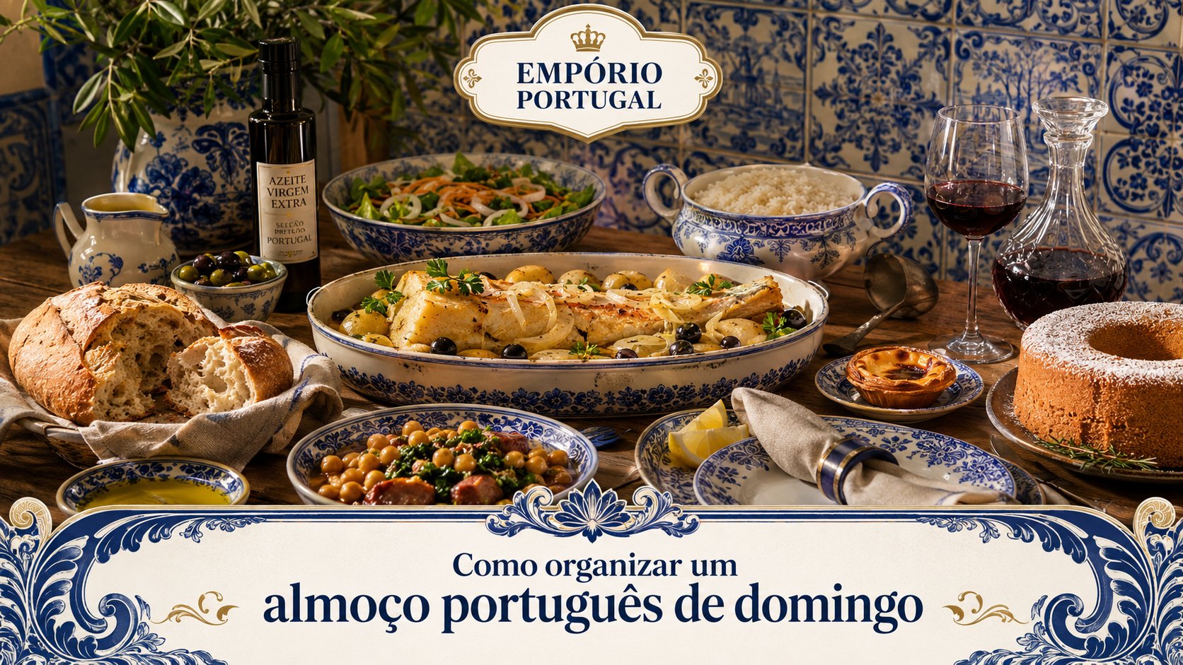 Mesa organizada para um almoço português de domingo, com pratos, louça azul e branca, pão, vinho e azeite