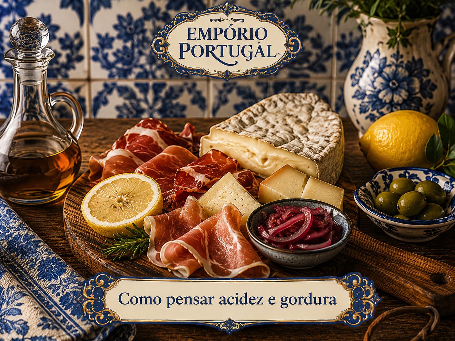 Tábua portuguesa com queijos, enchidos, azeite, limão e acompanhamentos para explicar o equilíbrio entre acidez e gordura