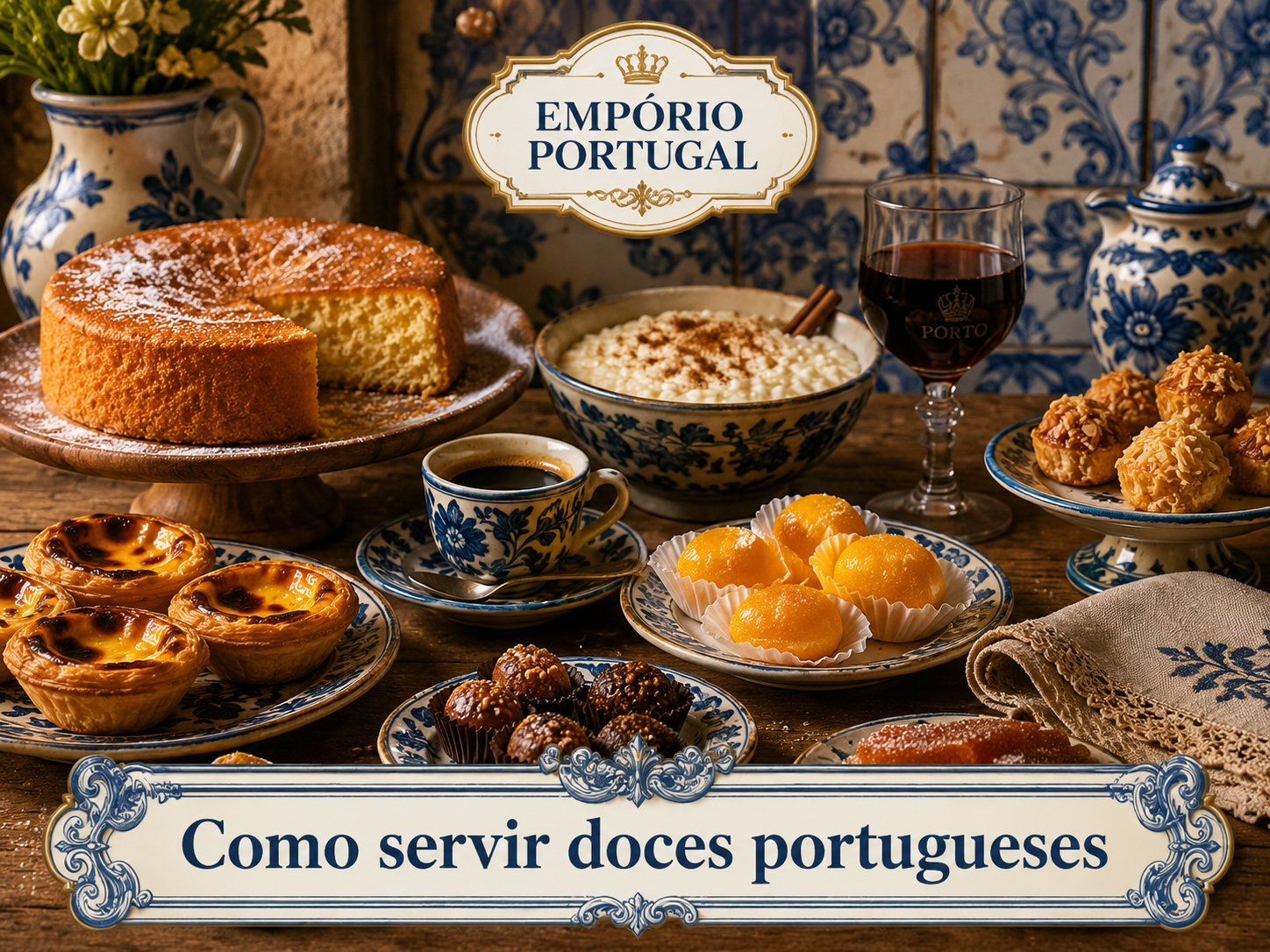 Mesa portuguesa com doces tradicionais, café, arroz doce e vinho do Porto em louça azul e branca