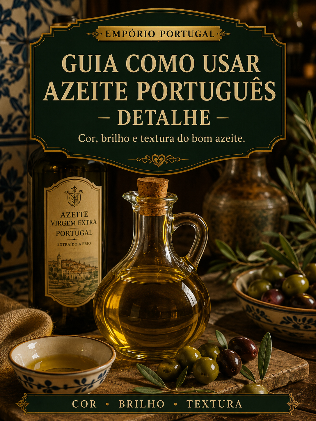 Detalhe de azeite português em garrafa e taça com mesa rústica elegante