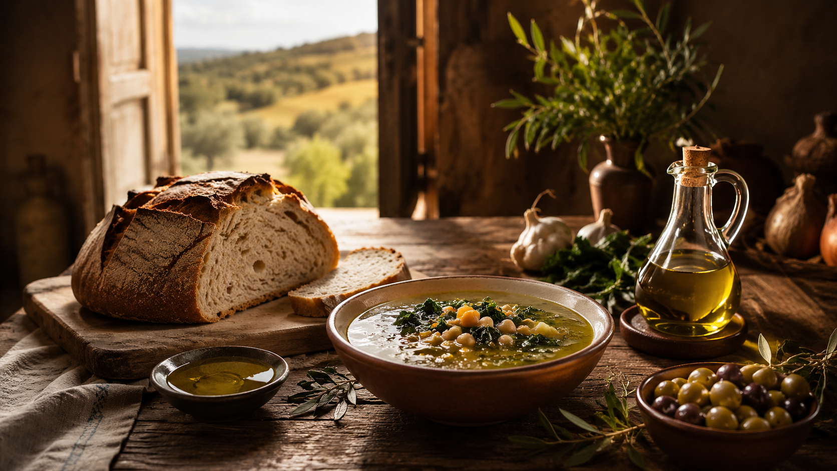Como usar azeite português — campo, pão e azeite na mesa
