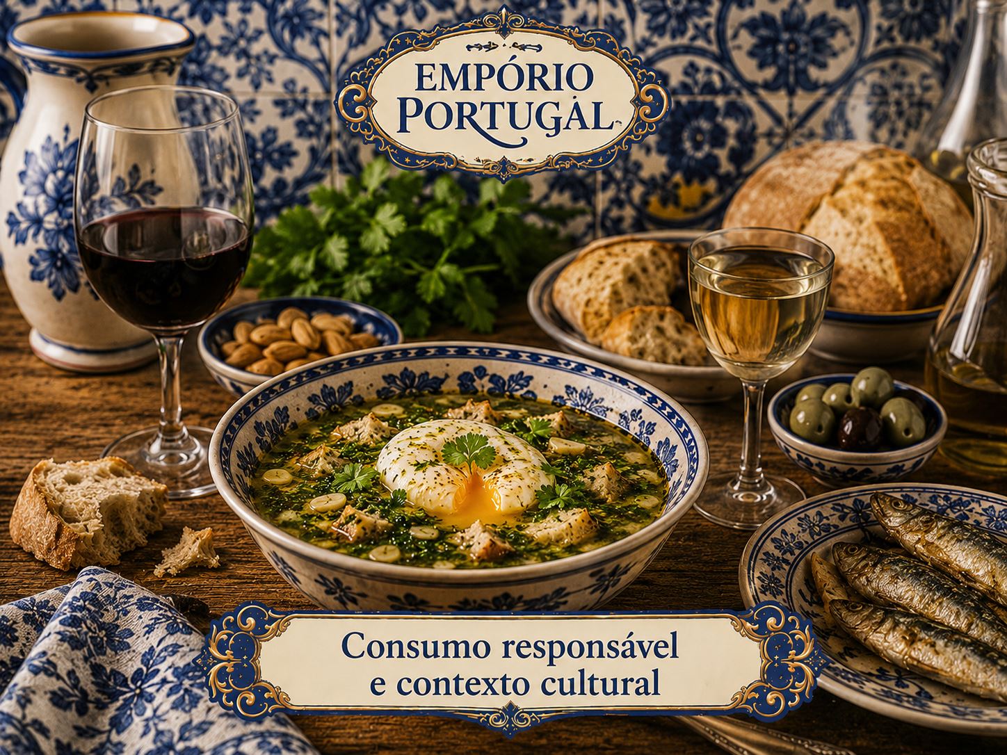 Mesa portuguesa com vinho, pão, sardinhas e prato tradicional em contexto de consumo responsável