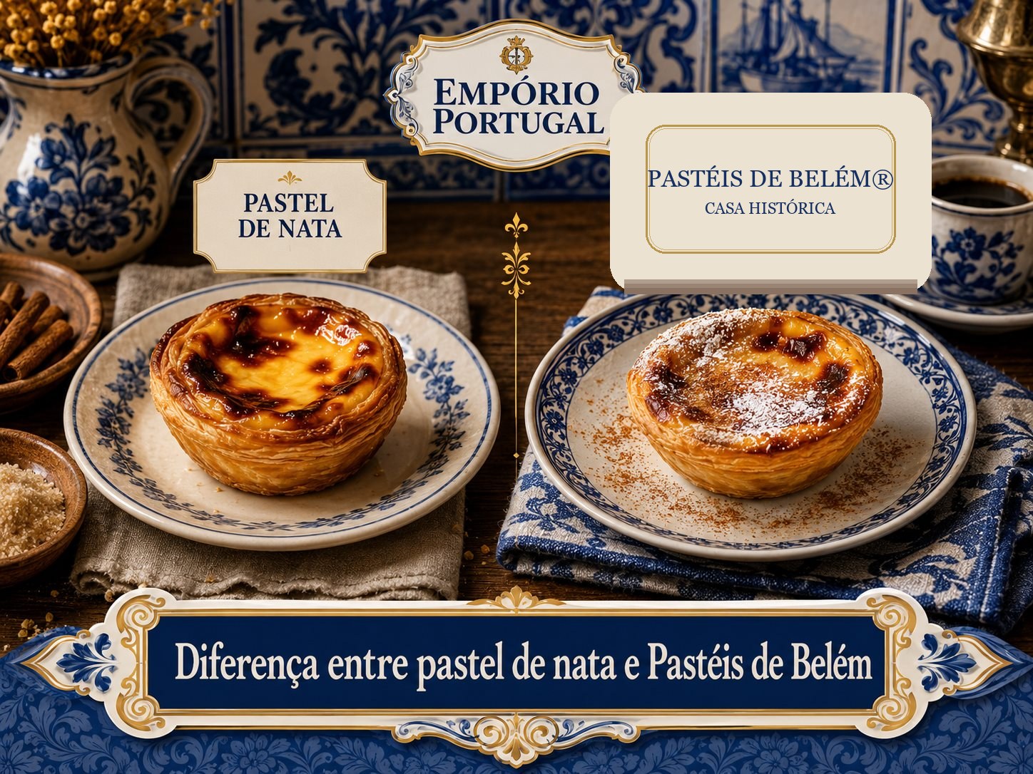 Imagem editorial comparativa sobre pastel de nata e a referência histórica dos Pastéis de Belém, com louça portuguesa e azulejos