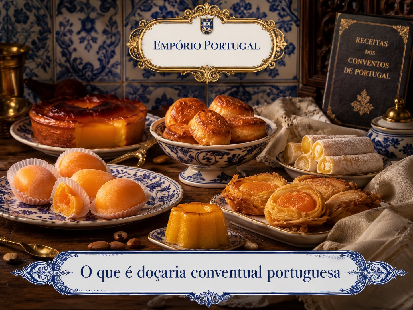 Doçaria conventual portuguesa com doces de gema, louça azul e branca e azulejos portugueses