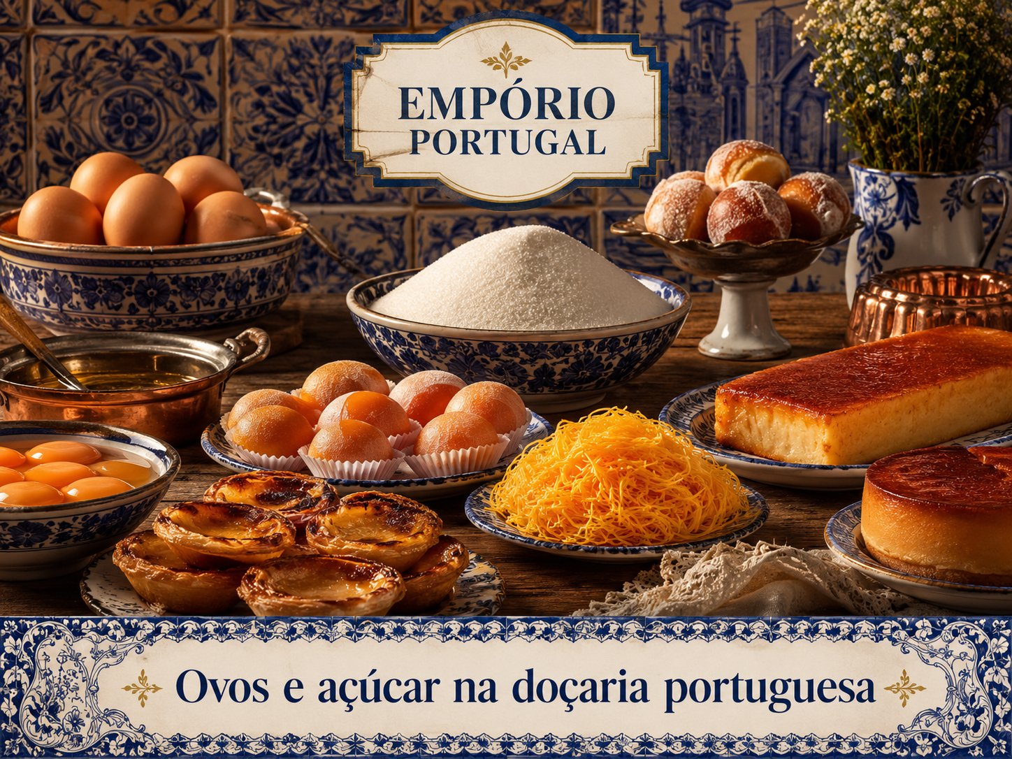 Ovos, açúcar, fios de ovos e doces tradicionais apresentados em louça portuguesa azul e branca