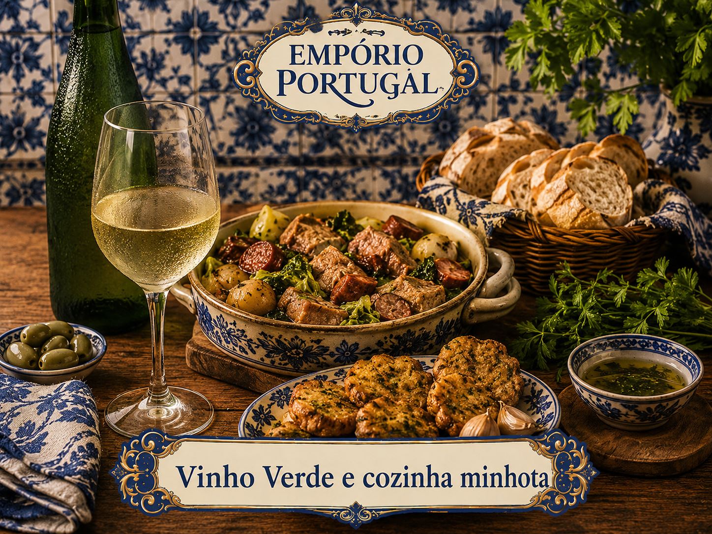 Mesa minhota com vinho verde, pratos regionais, pão e acompanhamentos portugueses