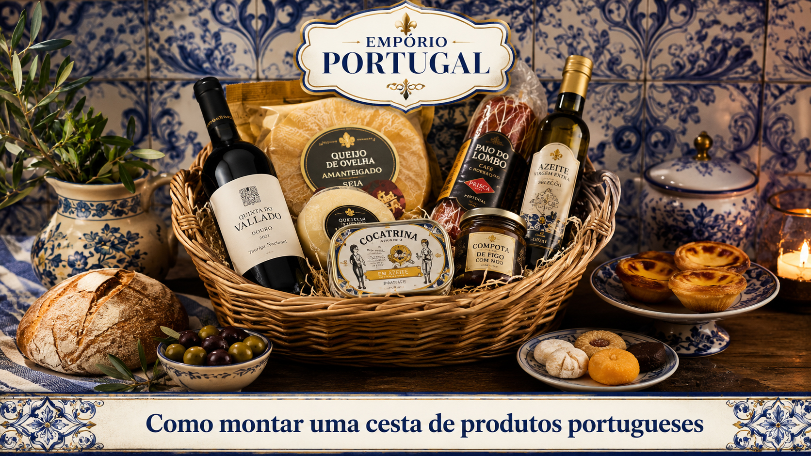 Cesta premium com produtos portugueses, vinhos, azeite, conservas, queijos, enchidos, doces e pão