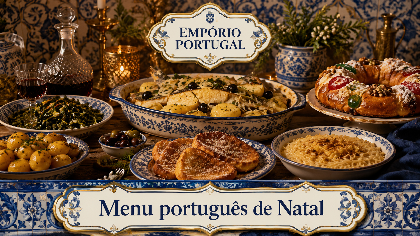 Mesa e menu português de Natal com bacalhau, couves, batatas, doces tradicionais e ambiente festivo