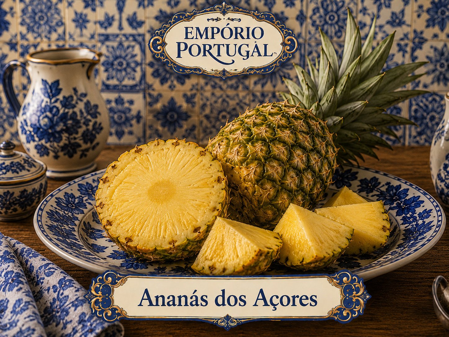 Ananás dos Açores inteiro e cortado, apresentado em louça portuguesa azul e branca