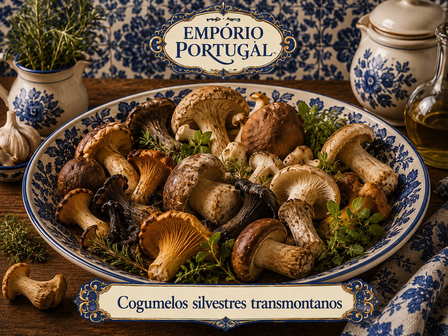Seleção ilustrativa de cogumelos silvestres transmontanos apresentada em louça portuguesa azul e branca