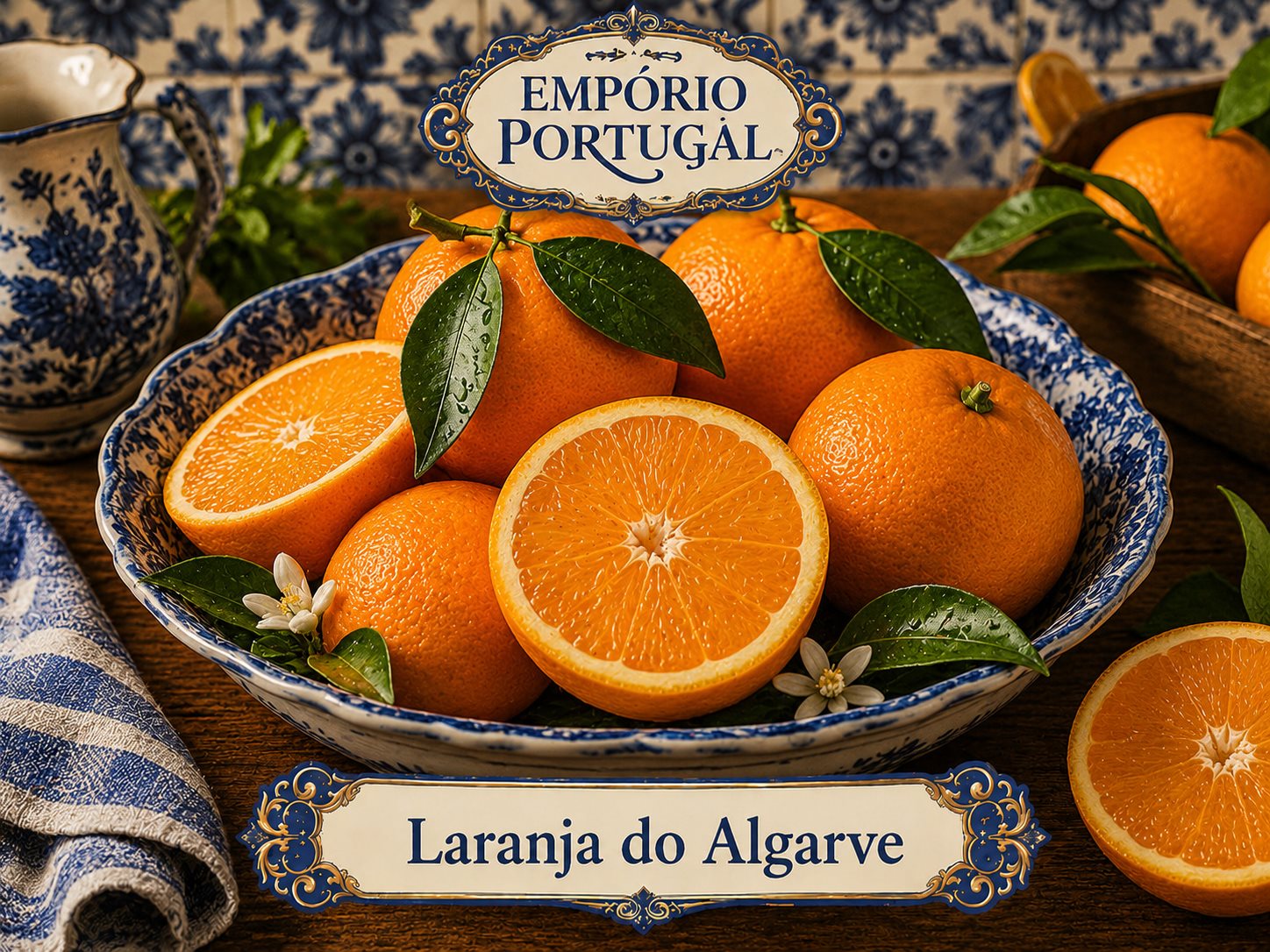 Laranjas do Algarve inteiras e cortadas apresentadas em louça portuguesa azul e branca
