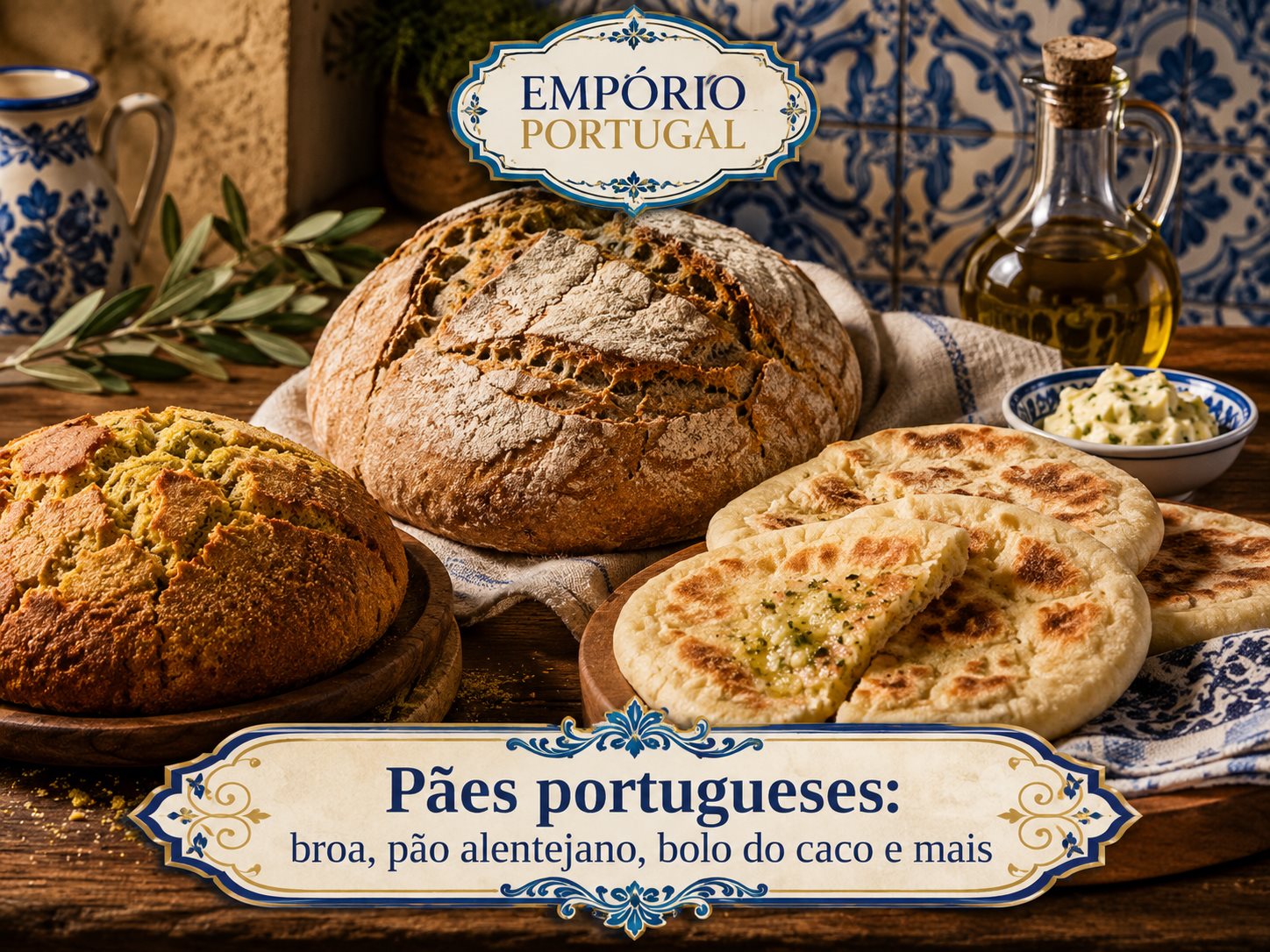 Broa, pão alentejano e bolo do caco apresentados com azeite e louça portuguesa