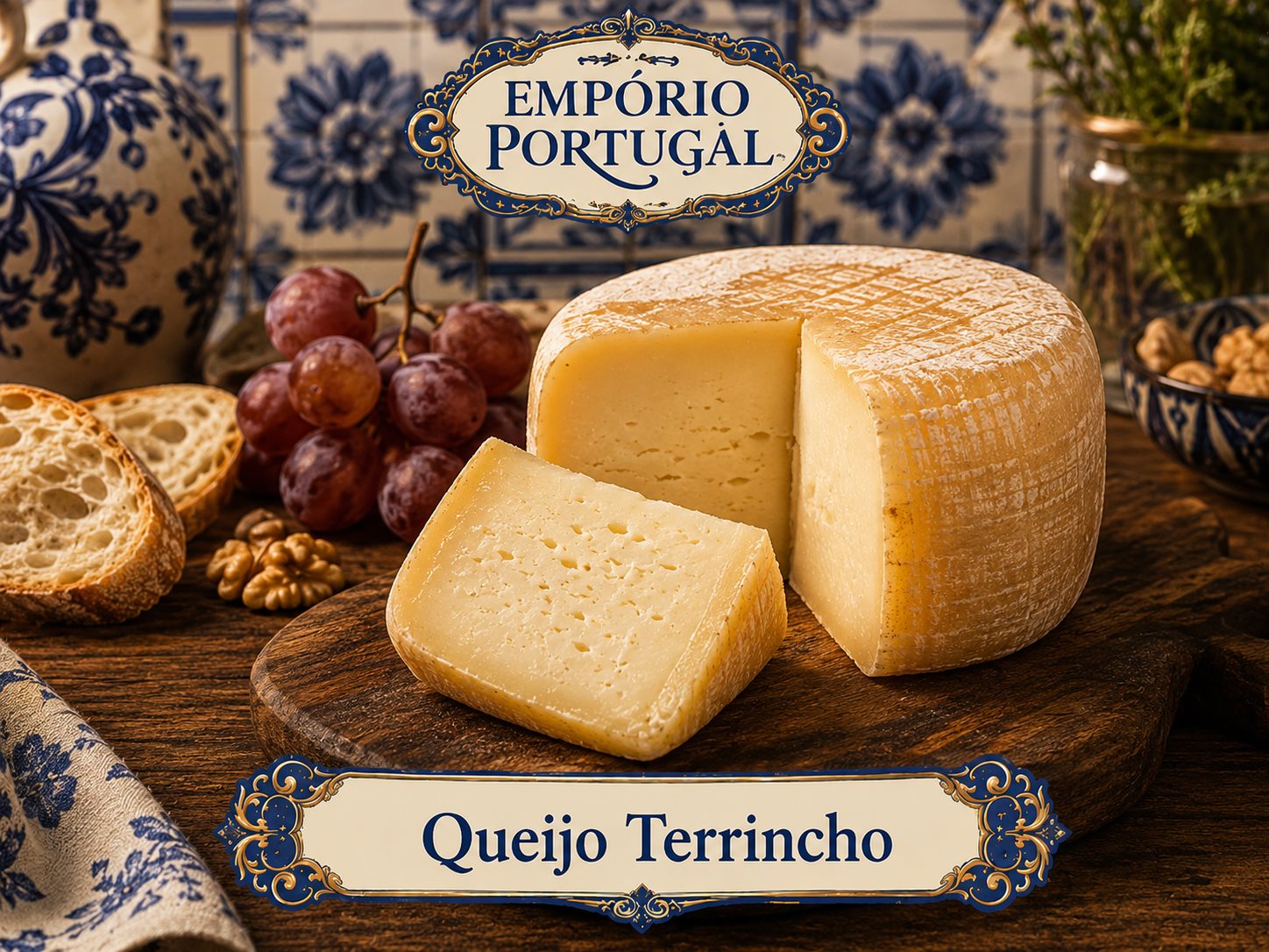 Queijo Terrincho inteiro e cortado, apresentado com pão, uvas e louça portuguesa