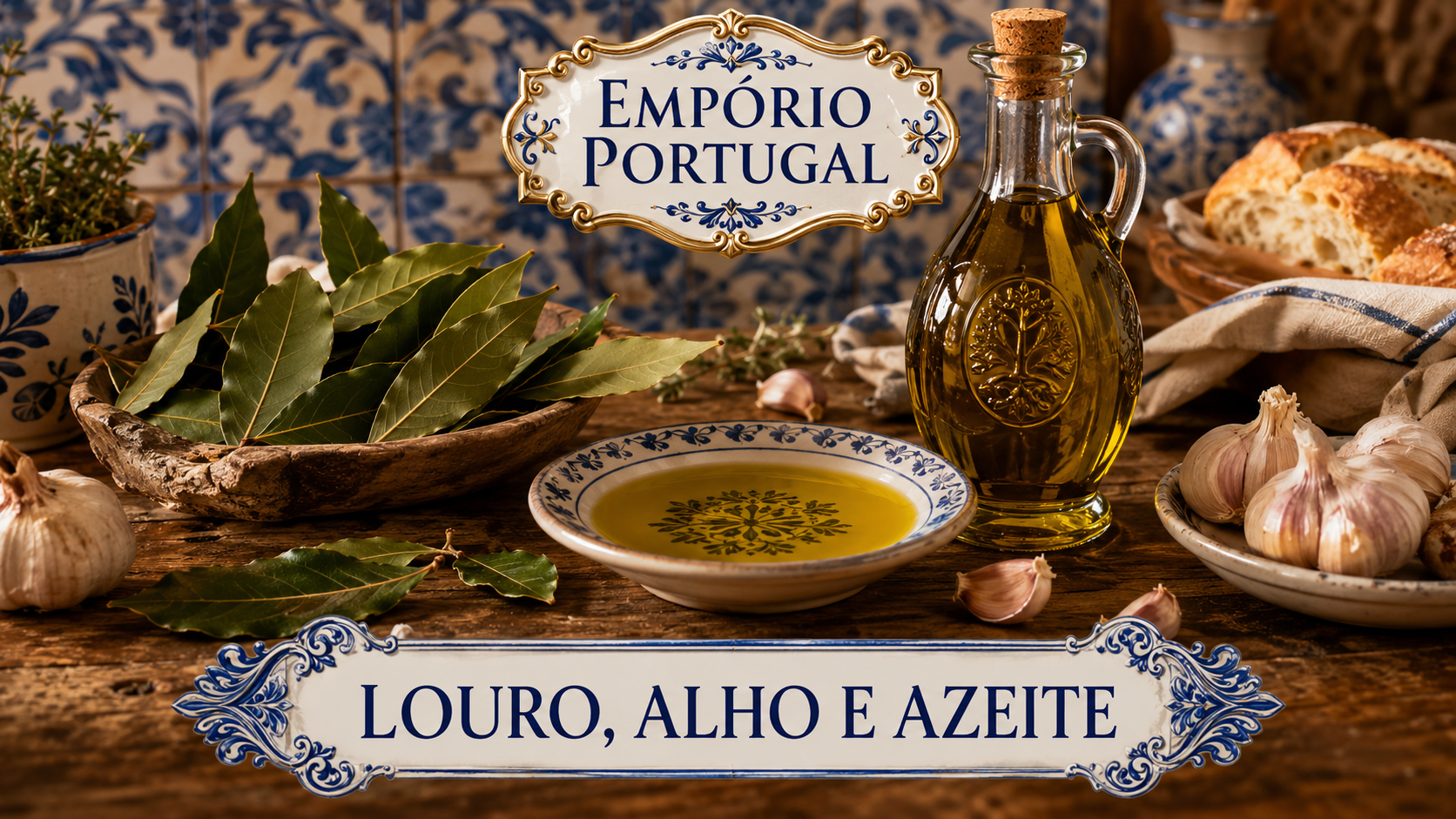 Louro, alho e azeite portugues em composicao gastronomica premium com ceramica e elementos tradicionais do Emporio Portugal