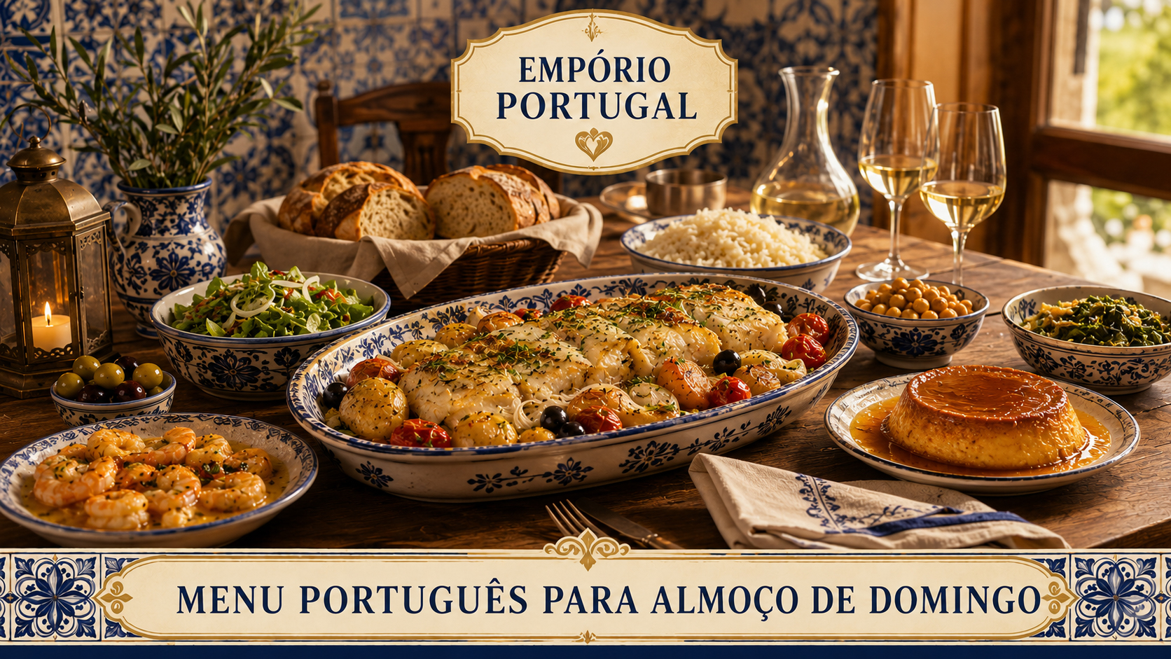 Mesa com menu português completo para almoço de domingo, com pratos tradicionais, acompanhamentos, vinho e sobremesa em composição premium do Empório Portugal