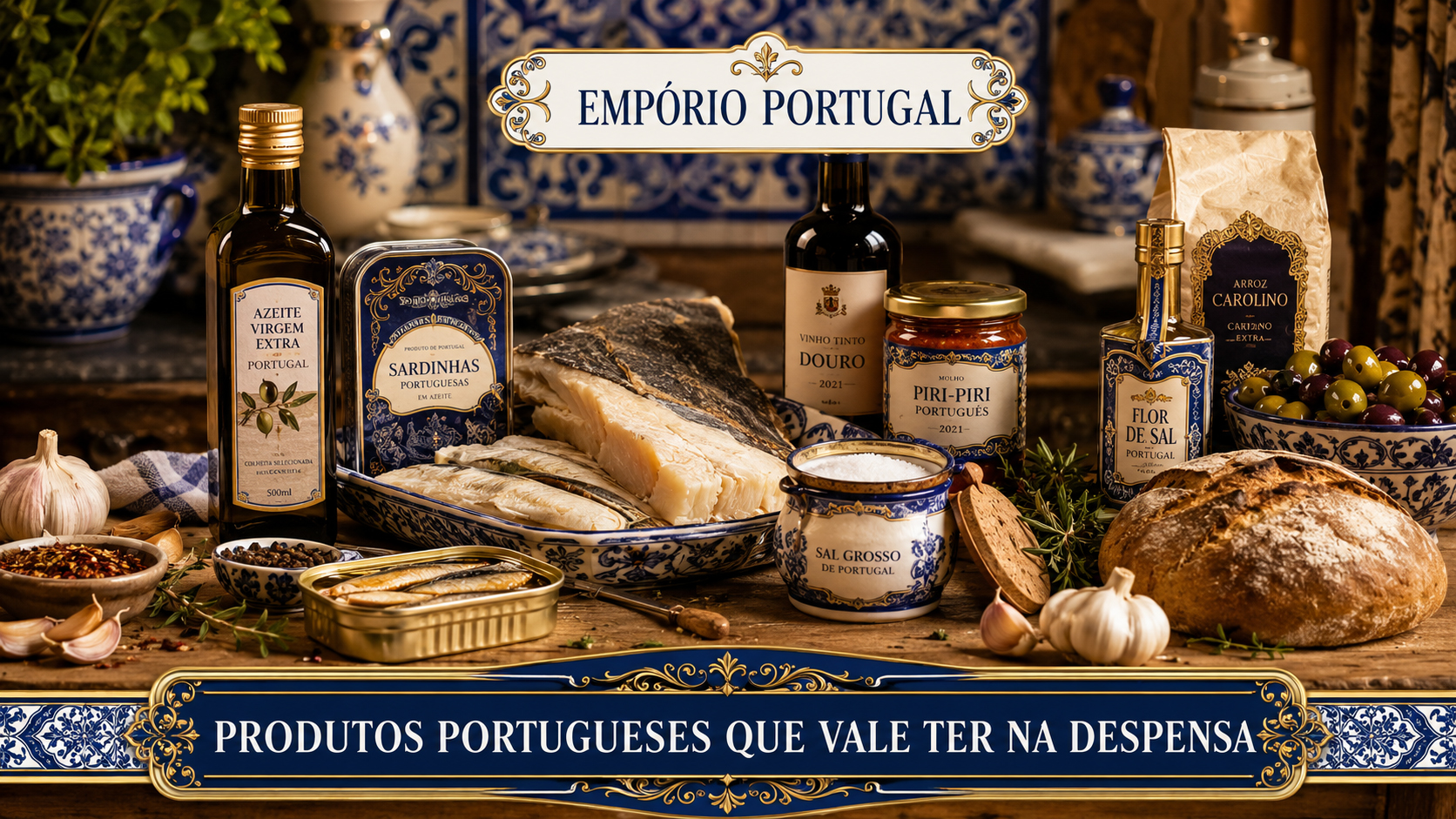Produtos portugueses essenciais para a despensa, com azeite, conservas, bacalhau, piri-piri, flor de sal e ingredientes tradicionais em composição premium do Empório Portugal